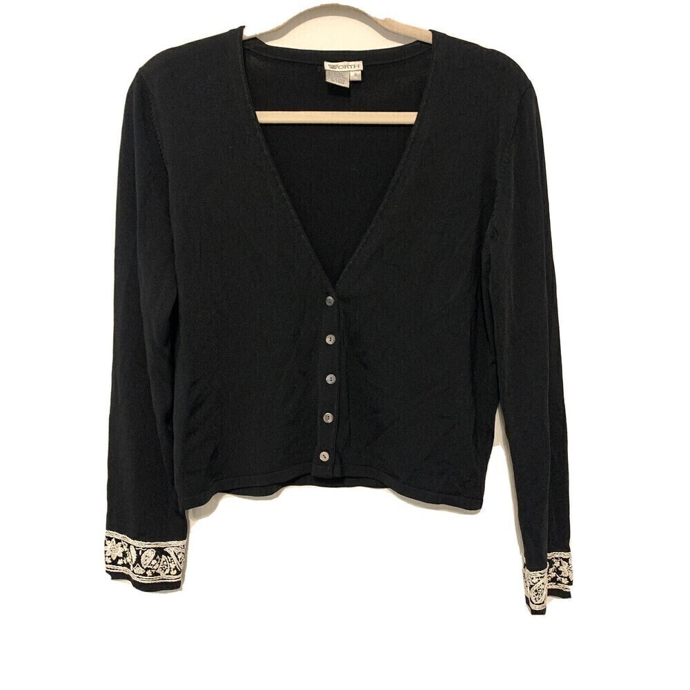 WORTH Womens Size Small Black Rayon Slinky Stretch Crop Button Cardigan Sweater